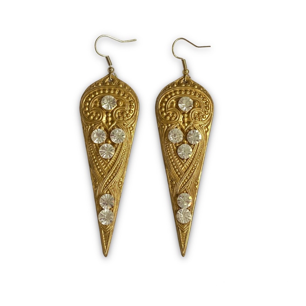 Vintage Earrings Long Drop Duster Dangle Brass Gold Rhinestones Boho Upcycled